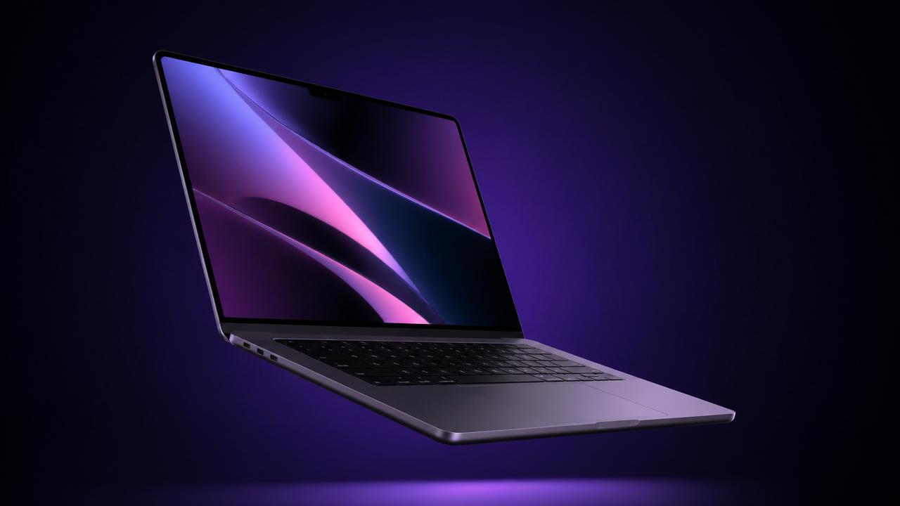 Premium laptop floating against a dark purple gradient background